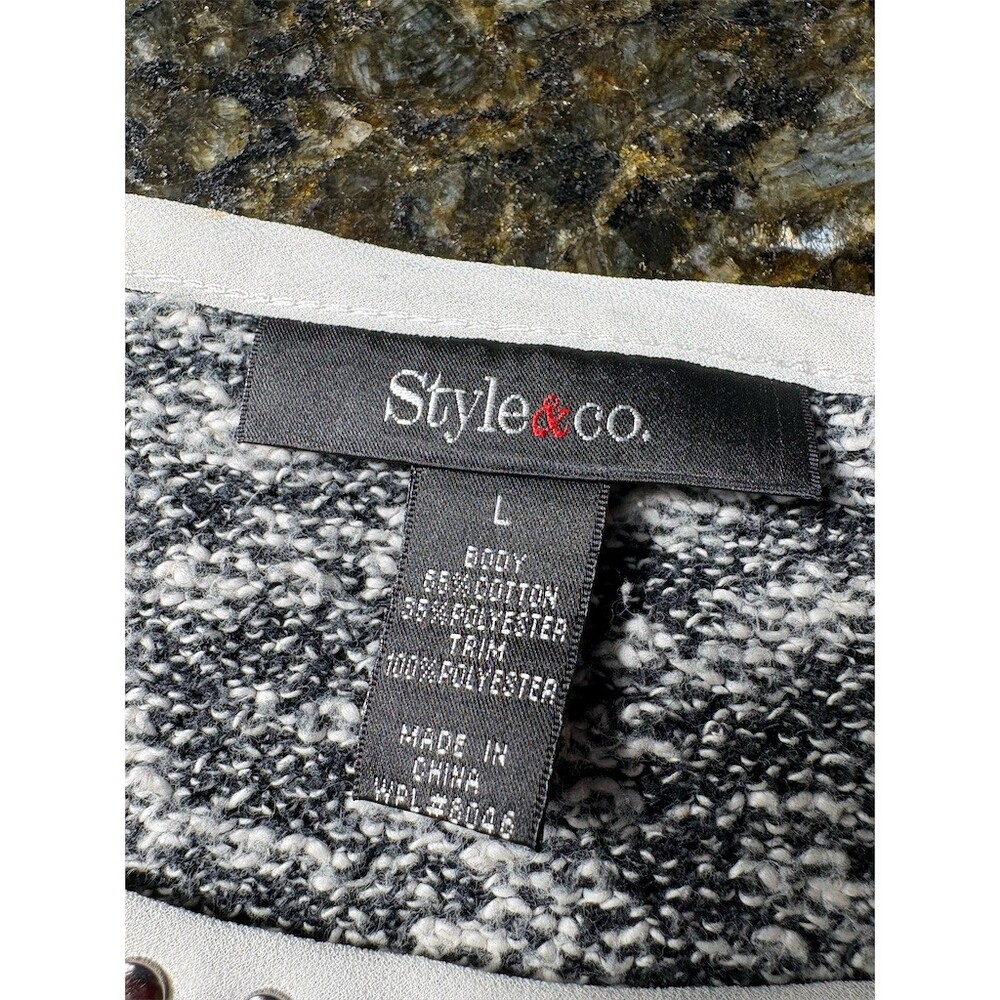 3/$15 Style & Co Sweater Womens Size L Black White Marled Knit Tunic Stud Trim - Picture 7 of 7